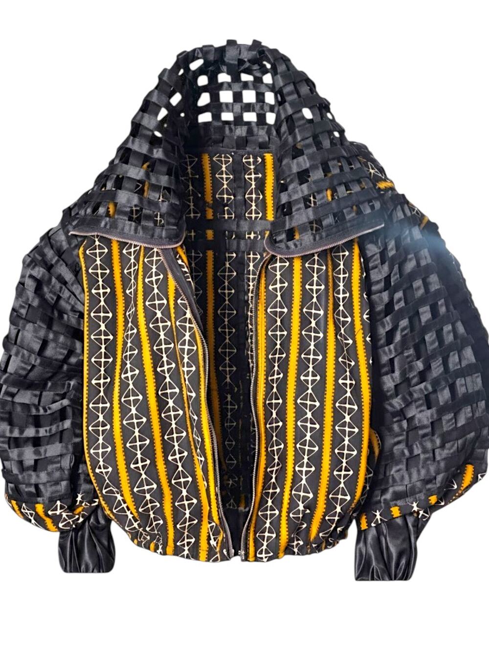 Clatural Black Yellow MESH Avant Garde Handmade Jacket Ghana XL-XXL NWOT